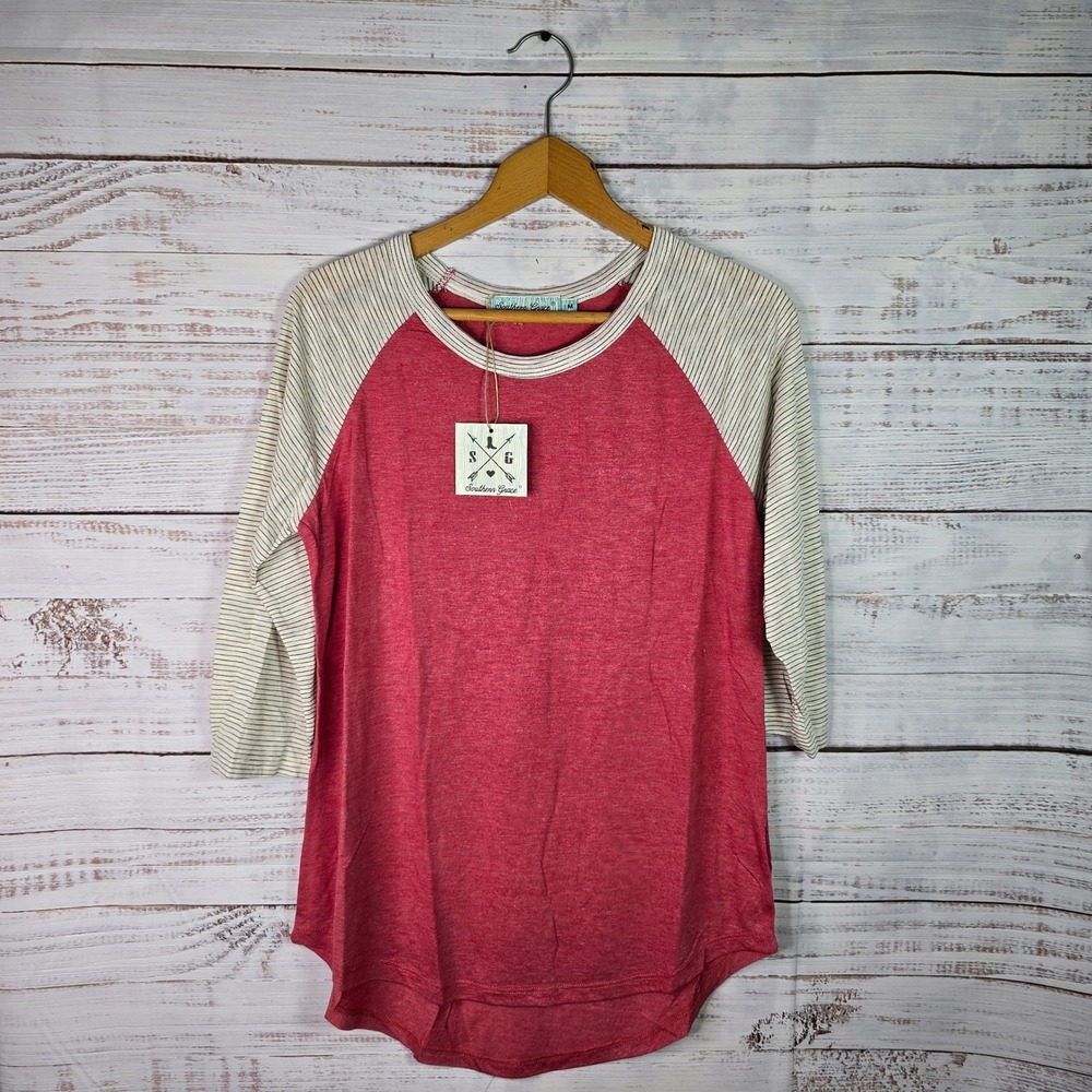 Southern Grace Red Striped Raglan 3/4 Sleeve Top NWT Size Medium